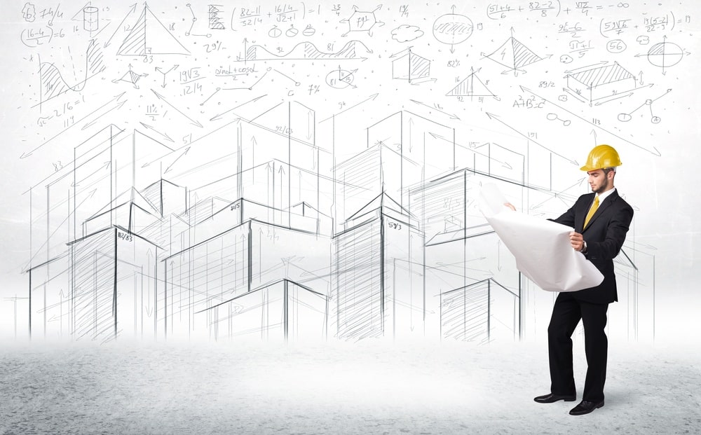 Handsome construction specialist with city drawing in background concept