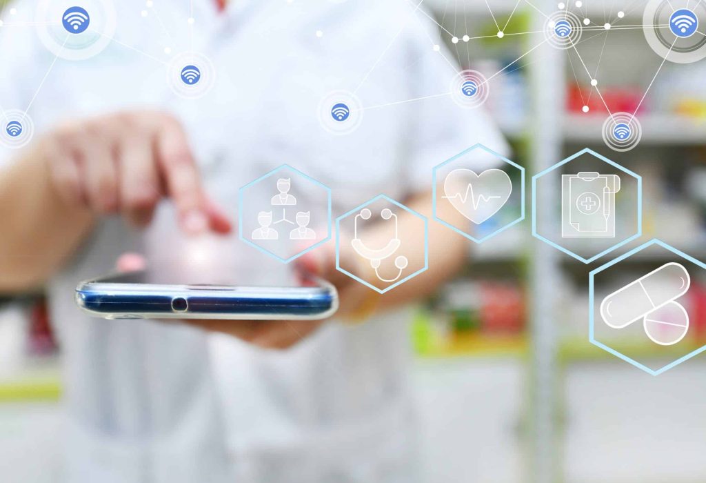 Pharmacist using mobile smart phone for search bar on display in pharmacy drugstore shelves background. Online medical concept